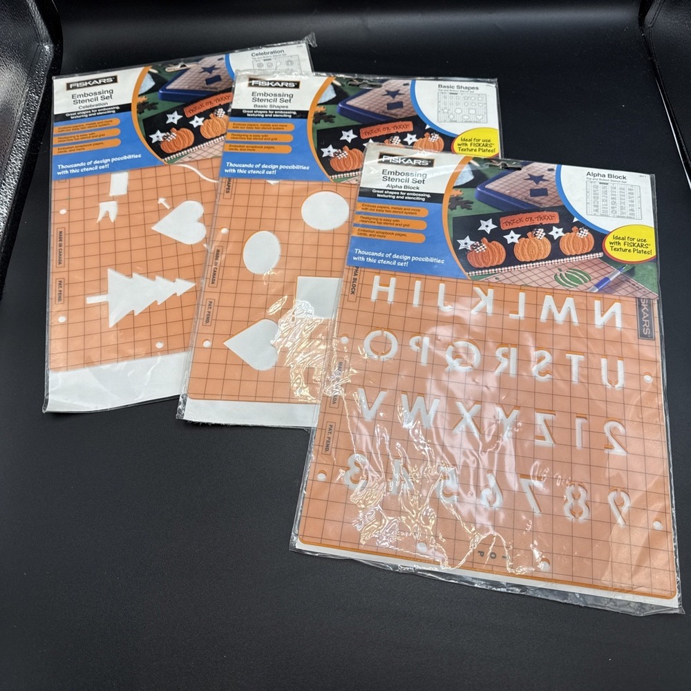 3‎ Fiskars Embossing Stencil Set Alpha Block Celebration Travel 4011 4006 4008